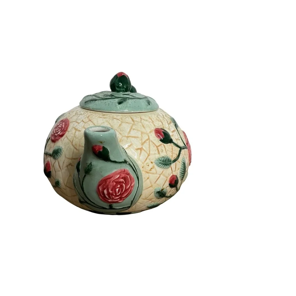 Flowers Inc Balloons Hand‎ Painted Ceramic Teapot Roses Green Aqua Brown Handle